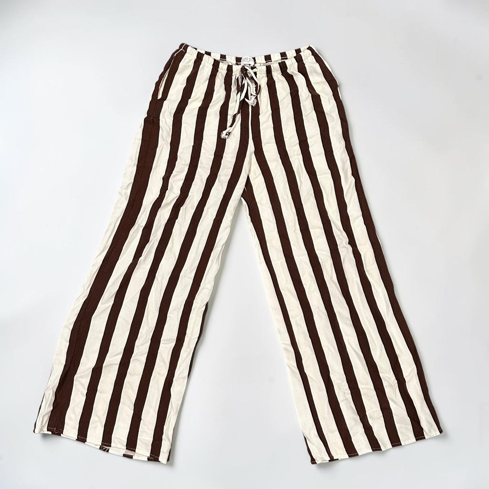 Sienna Sky Striped Wide Leg Linen Blend Pull On Pants Brown White Large Women